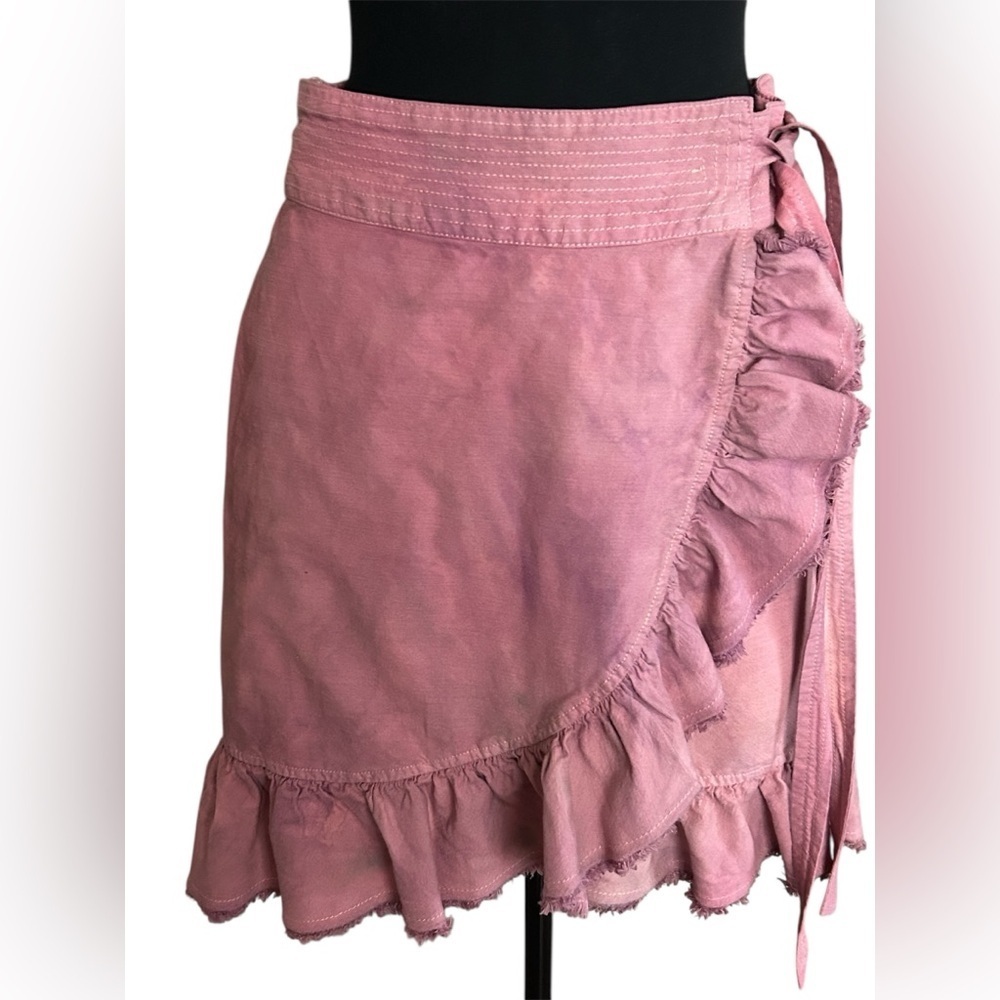 Pilcro Anthropologie Pink Linen Blend Ruffle Wrap Mini Skirt Boho Cottagecore M